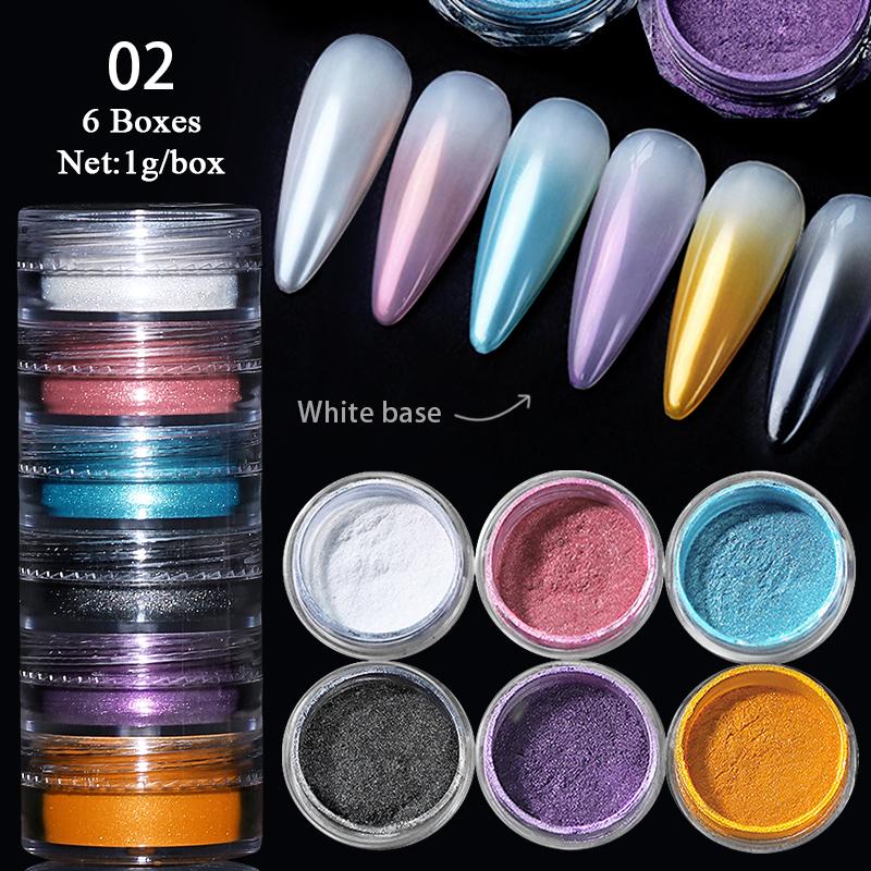6Box/Set Aurora Pearl White Nails Powder Shell Mirror Pigment Chrome Effect Rubbing Dust Gel Polish DIY Nail Manicure Decoration