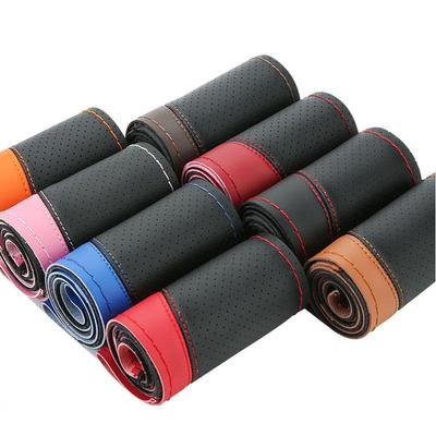 Hand-Sewn Sporty Color-Block Microfiber Leather Steering Wheel Cover All-Season Universal Fit Car Accessory