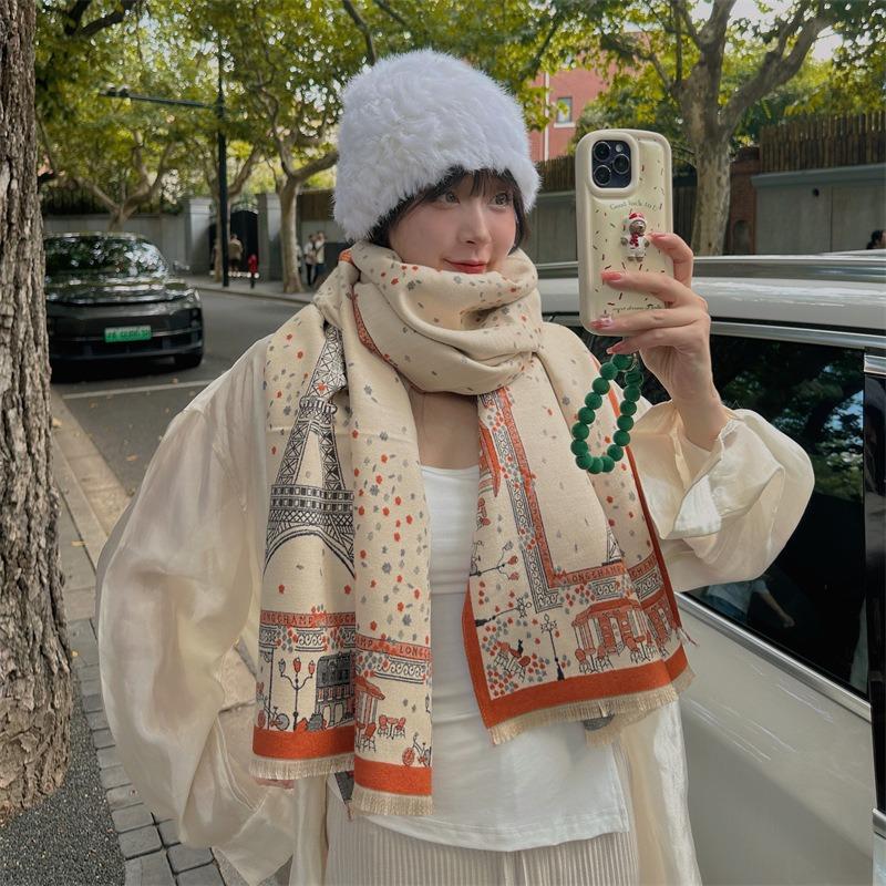 Imitation cashmere scarf women's autumn and winter new construction tower shawl versatile thickened warm and cold loose beard scarf