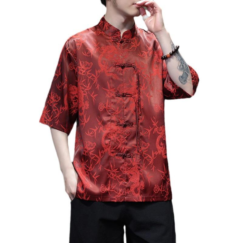 2024 Men's Chinese Style Jacquard Frog Button Tang Suit Shirt, Plus Size, Summer Casual