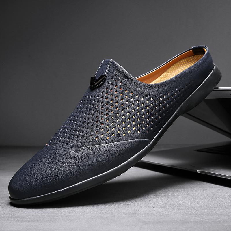 Summer Men Shoes Casual Brand Half Shoes For Men Loafers Genuine Leather Half Slipper Breathable Slipon Lazy Flats Men Moccasins