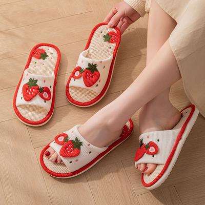 Strawberry Linen Slippers Women Breathable Soft Sole Non Slip Home Shoes Sweet Mute Floor Slippers All Season