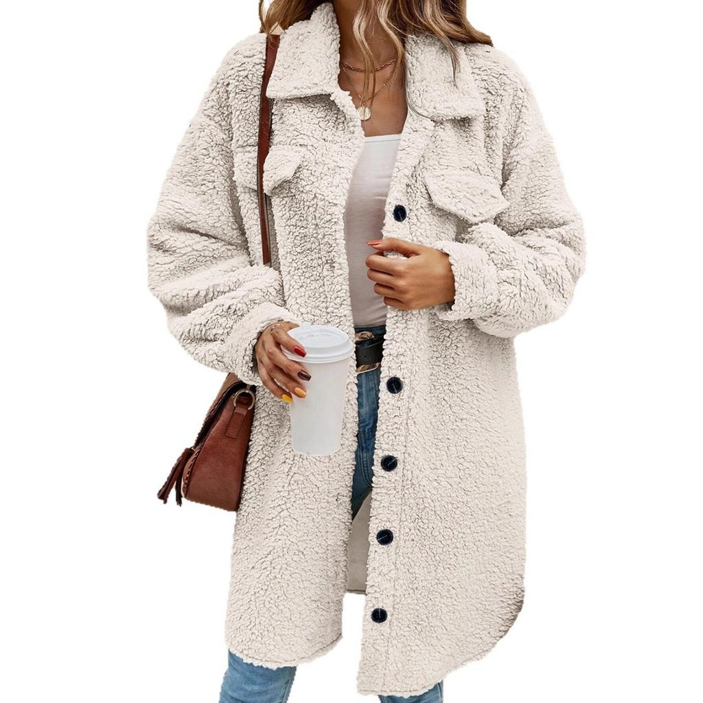 New Women's Winter Long Plush Coat, Lapel Open Button Loose Commute Elegant Overcoat for European American