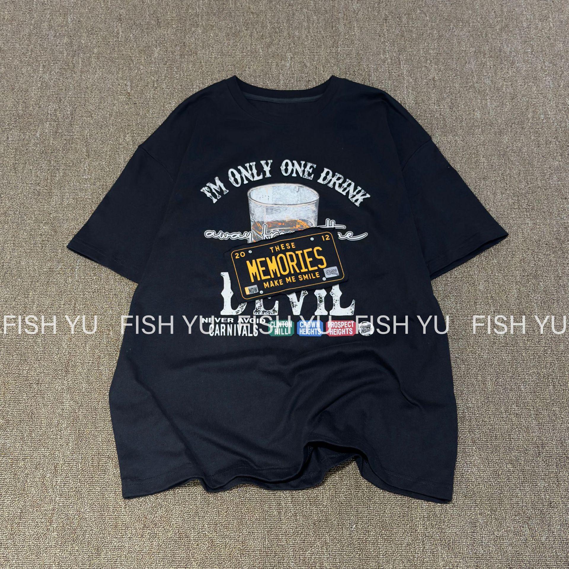 

FISHYU Women s Retro Wine Glass Applique Short Sleeve T-shirt - Early Autumn Collection One Size чёрный