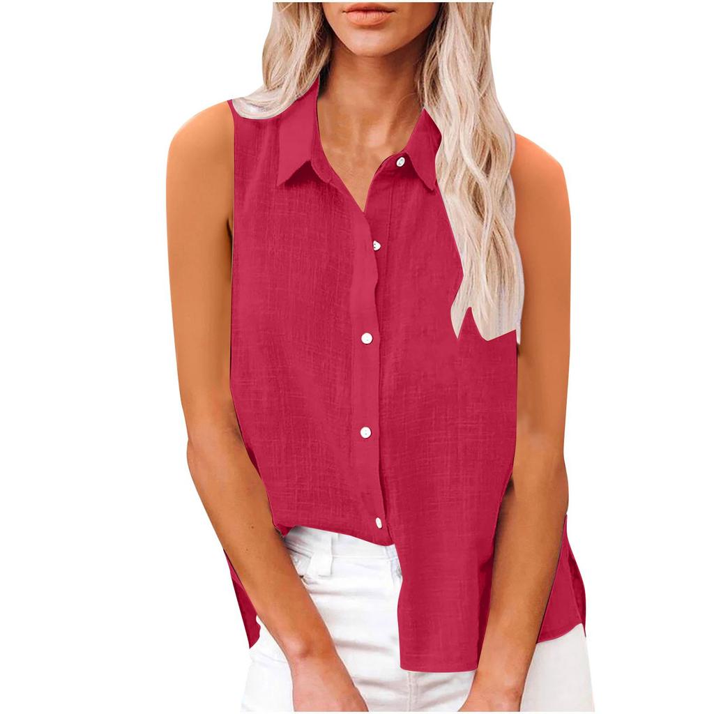 Women's Fashion Casual -Colour Sleeveless Cardigan Collar Cotton-Linen Button-Down Shirt T-Shirt Top