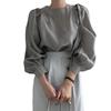 Round neck bubble sleeve shirt with early autumn temperament Korean chic French minimalist feminine top versatile shirt