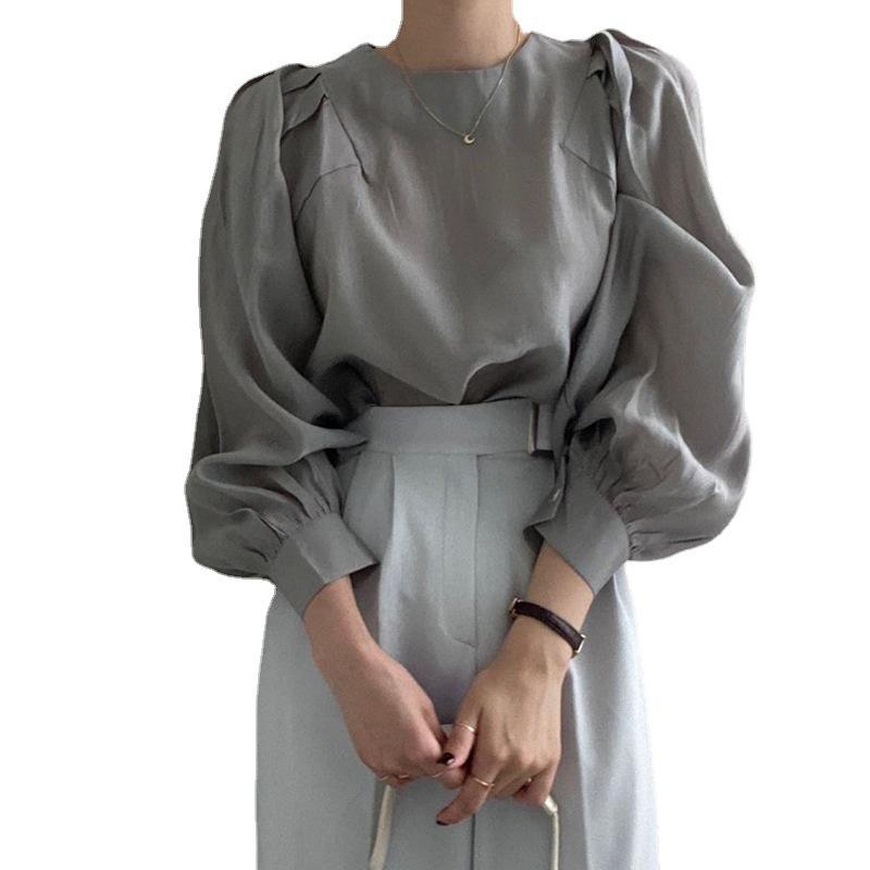 Round neck bubble sleeve shirt with early autumn temperament Korean chic French minimalist feminine top versatile shirt