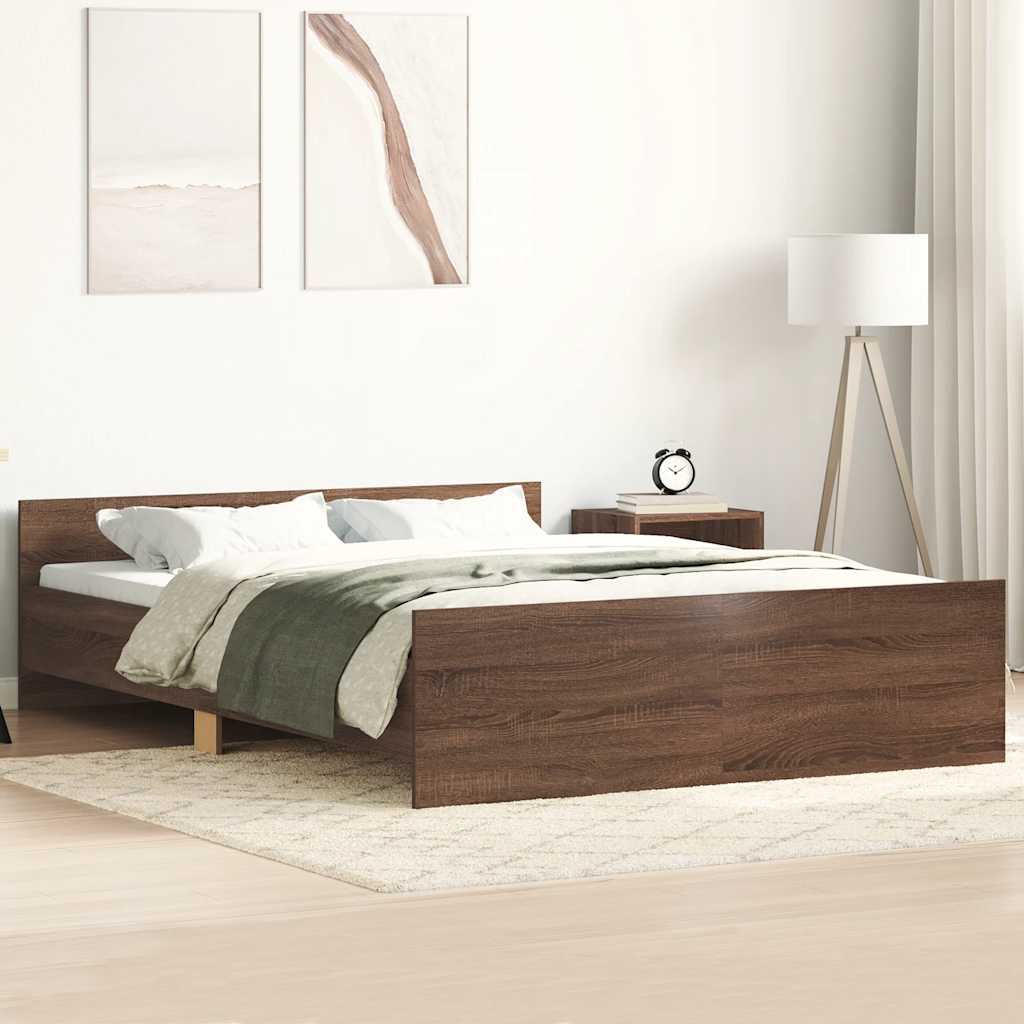 Vidaxl Rama Łóżka Z Wezgłowiem I Zanóżkiem, Brązowy Dąb, 135X190 Cm
