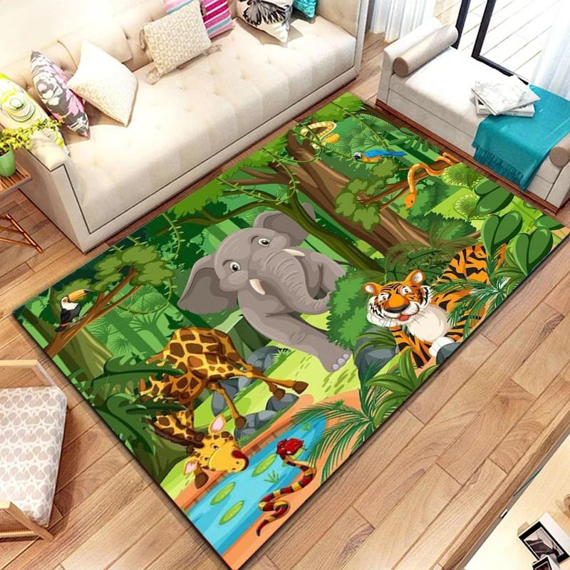 Dzikie Zwierzę Kreskówkowe Dywanik Obszarowy, Dywan ze Zwierzętami Safari Afrykańskiego dla Dzieci, Dekoracja Pokoju Kawaii, Mata Wejściowa, Mata Podłogowa Dzikie Zwierzęta Dżungli