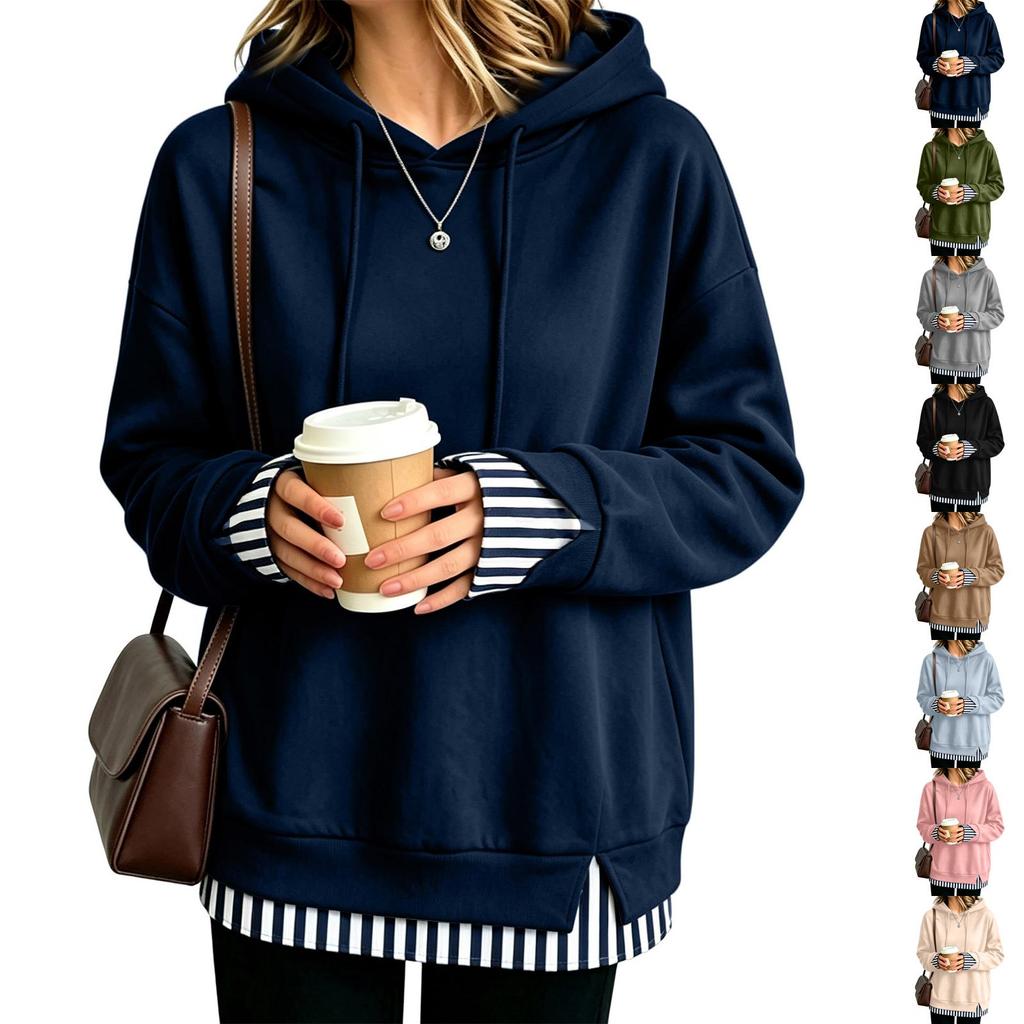 Women's Casual Long Sleeve Sweatshirt with Striped and Plaid Patchwork, Loose Fit, Two-Piece Look