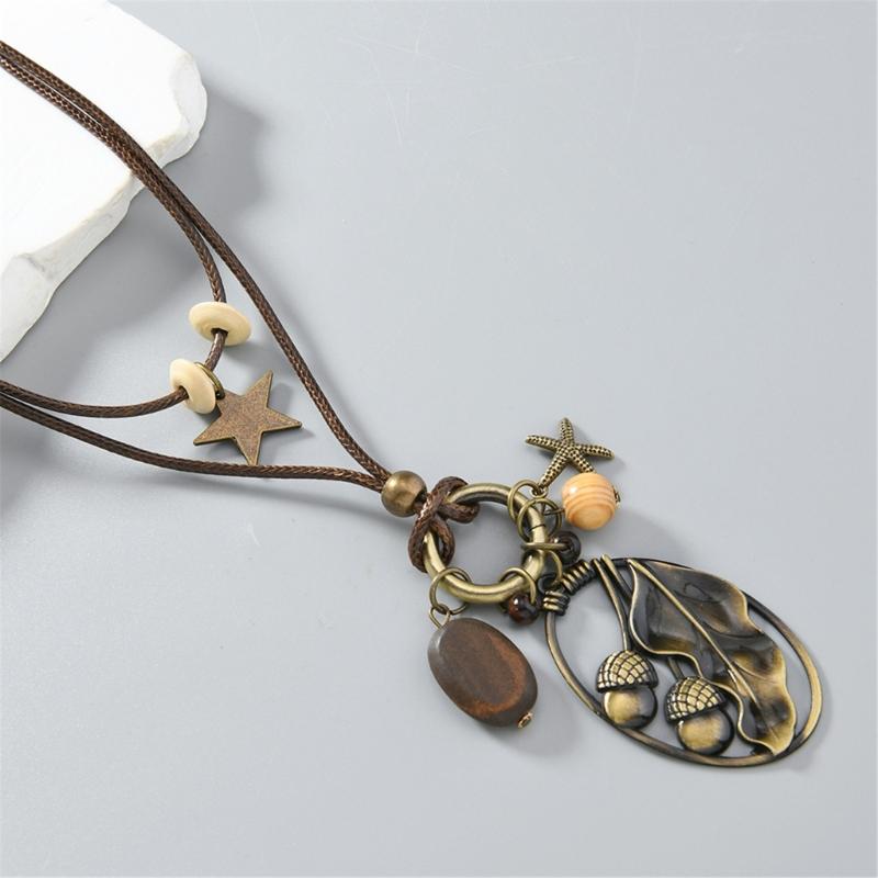 Handmade Waxed Cord Necklace Featuring Alloy Pendant And Natural Wood Beads Jewelry For Sensitive Skin