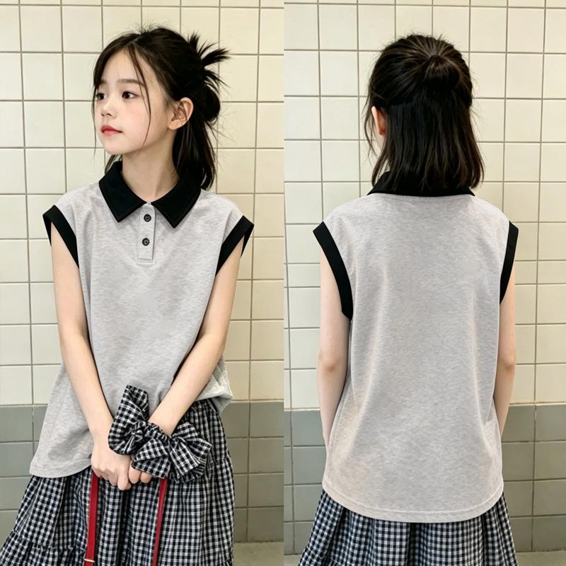 Girls' Summer Color Block Cotton Vest T-shirt - Fashionable Sleeveless Lapel Top for Medium and Large Children