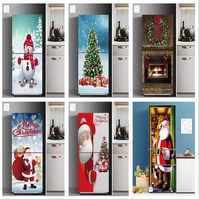 Christmas Refrigerator Sticker Self-Adhesive Removable Snowman Santa Claus Tree Mural Door Decal Fridge Cover Film Xmas Posters