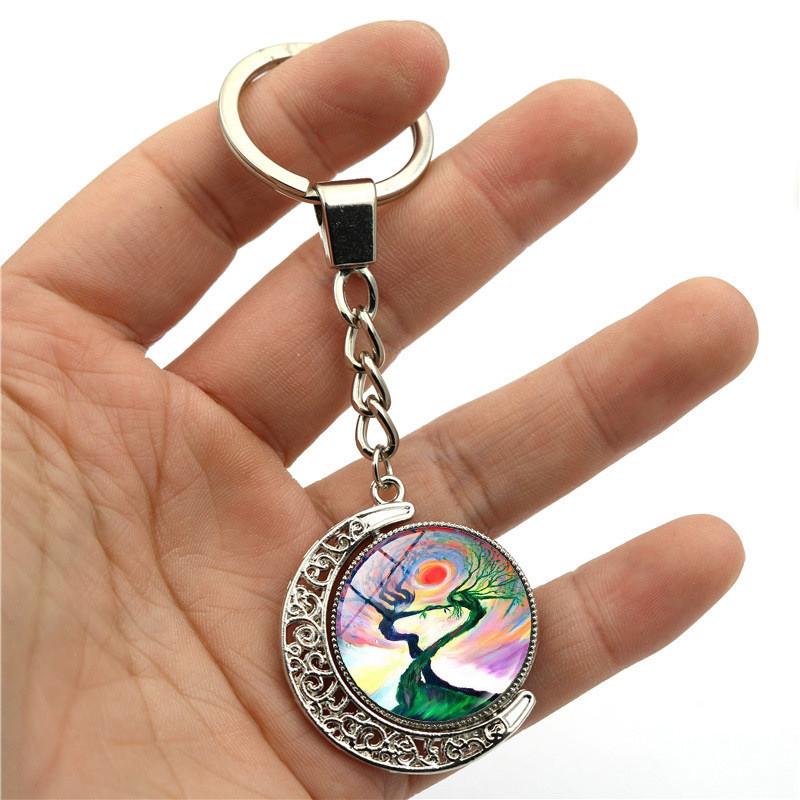 Colorful Tree Of Life Keychain Pendant Double-sided Rotating Moon Charm
