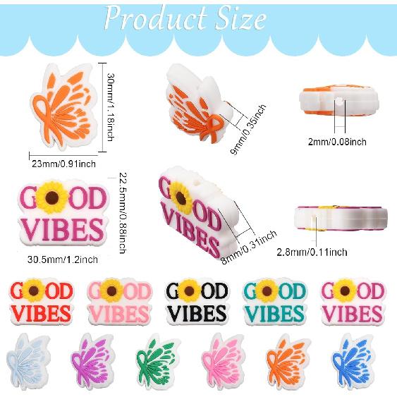 

CHGCRAFT 11Styles Breast Cancer Butterfly Silicone Focal Beads Pen Beads Good Vibes Silicone Loose Spacer Beads for DIY Necklace Bracelet Earrings