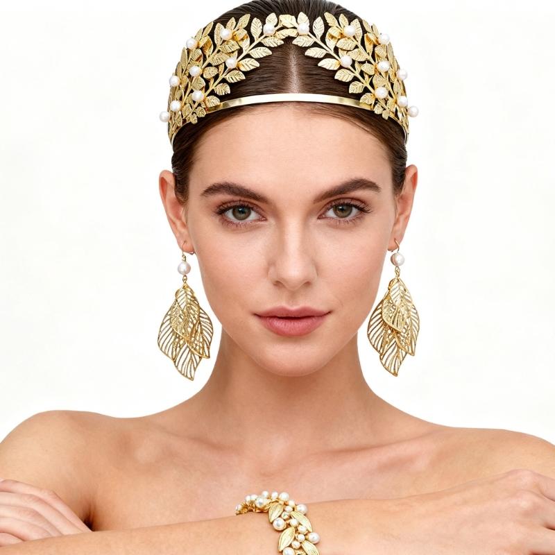 Wedding Crown Pearls Leaf Designs Comfortable Metal Headpiece For Bride Sustainable Party Accessory