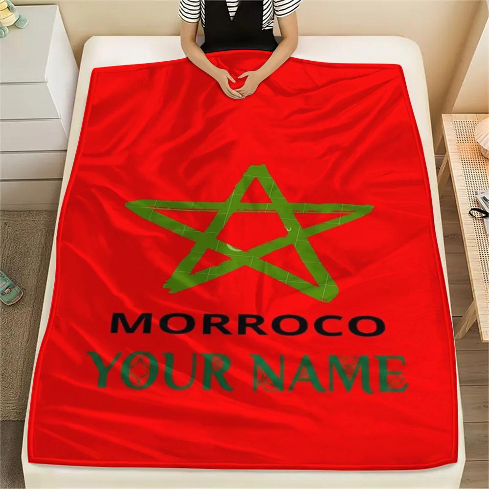 1PC Moroccan Football Crest Custom Name Patterned Flannel Blanket Suitable For All Seasons For Home Decor Warmth And Comfort Gifts Holiday Present