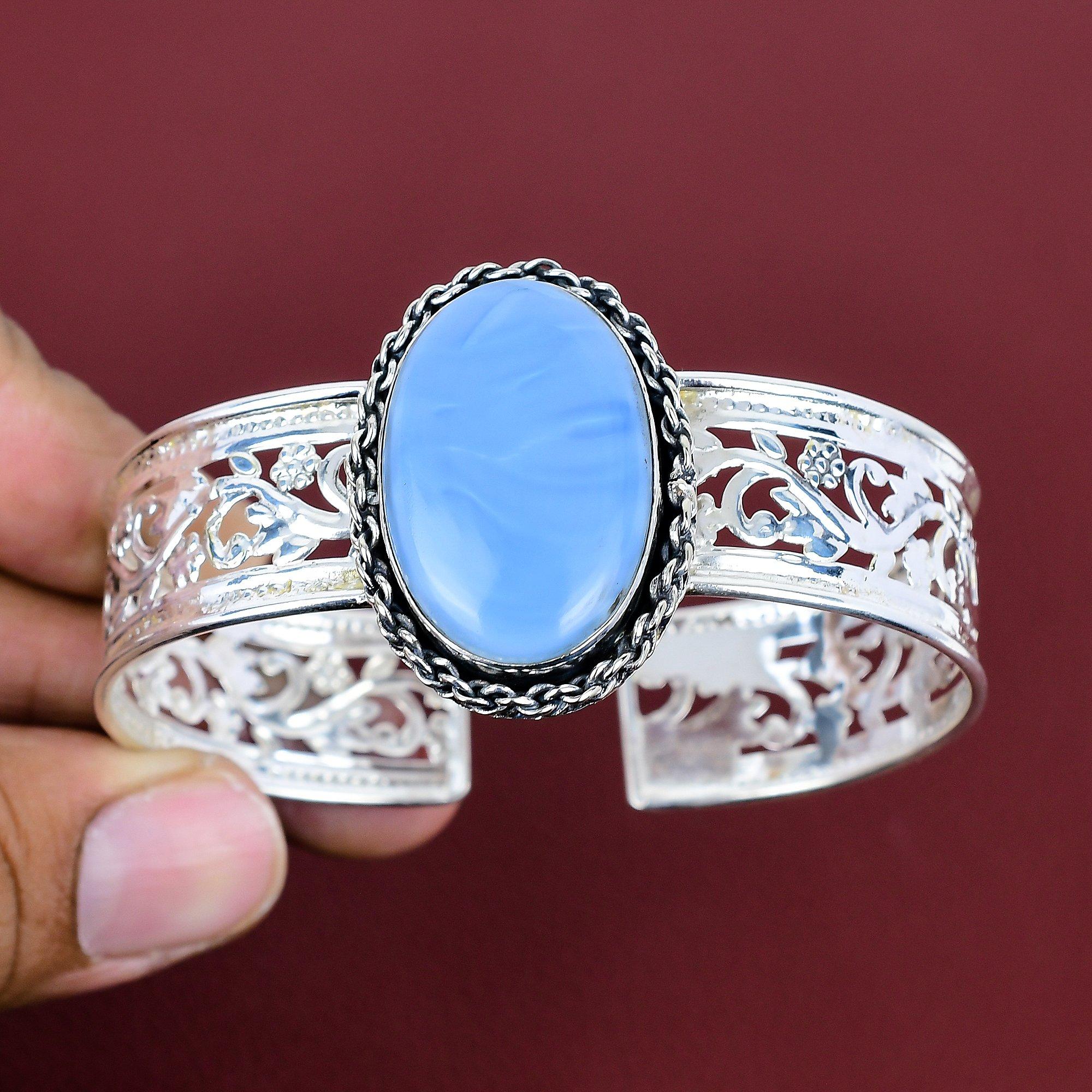 Owyhee blue opal cuff bracelet genuine gemstone jewelry 925 sterling silver cuff bracelet adjustable bangle handmade jewelry engagement gift Adjustable