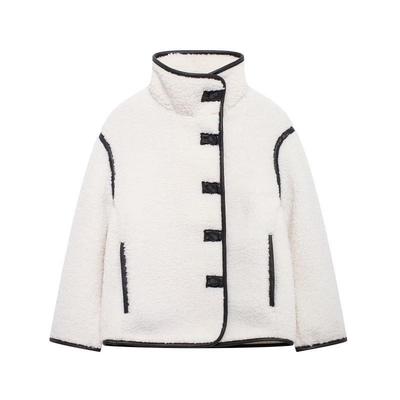 2024 Women's European & American Winter Stand-up Collar Color-block Fleece Jacket, Single-breasted, Long-sleeve, Style 1249.