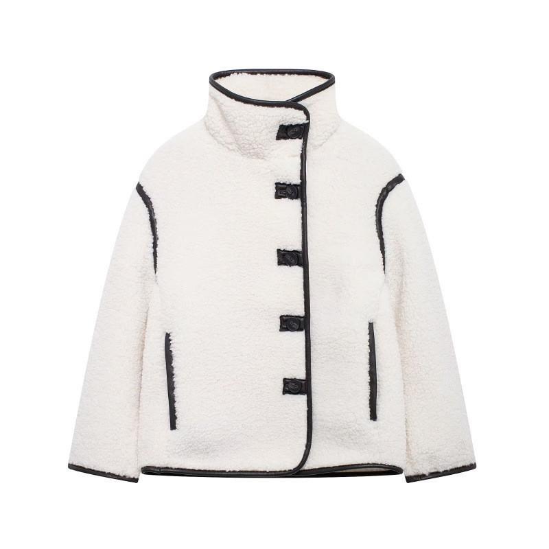 

2024 Женская европейская и американская зимняя флисовая куртка с воротником-стойкой и цветными блоками, однобортная, с длинными рукавами, стиль 1249. XS как