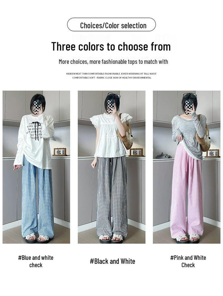 Women's Summer High-Waist Plaid Casual Pants: Slimming Straight or Wide Leg Draped Design