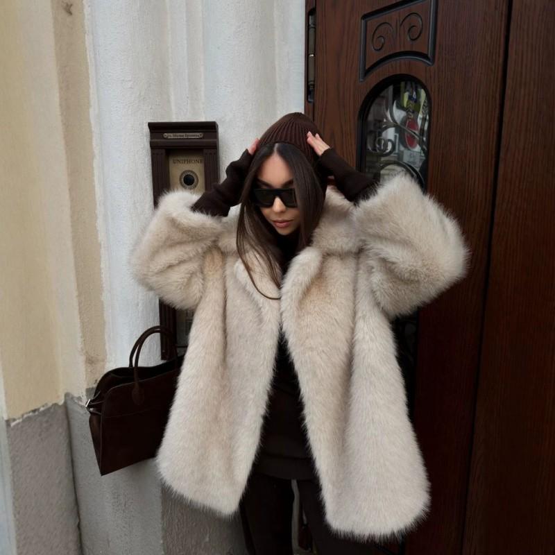 Womens Faux Fur Coat Winter Thickened Mid-Length Jacket With Cotton Lining Loose Fit Street Style