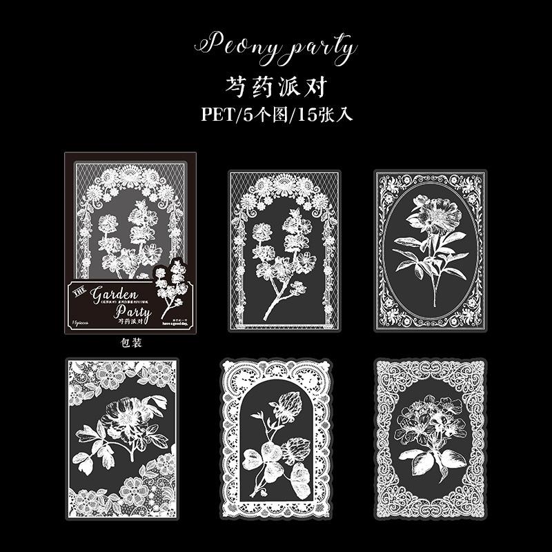 15pcs White Ink Lace Plant Flower Sticker Pack, Art Retro Style Hollow Lace Floral Journal Material, Student Diary Album DIY