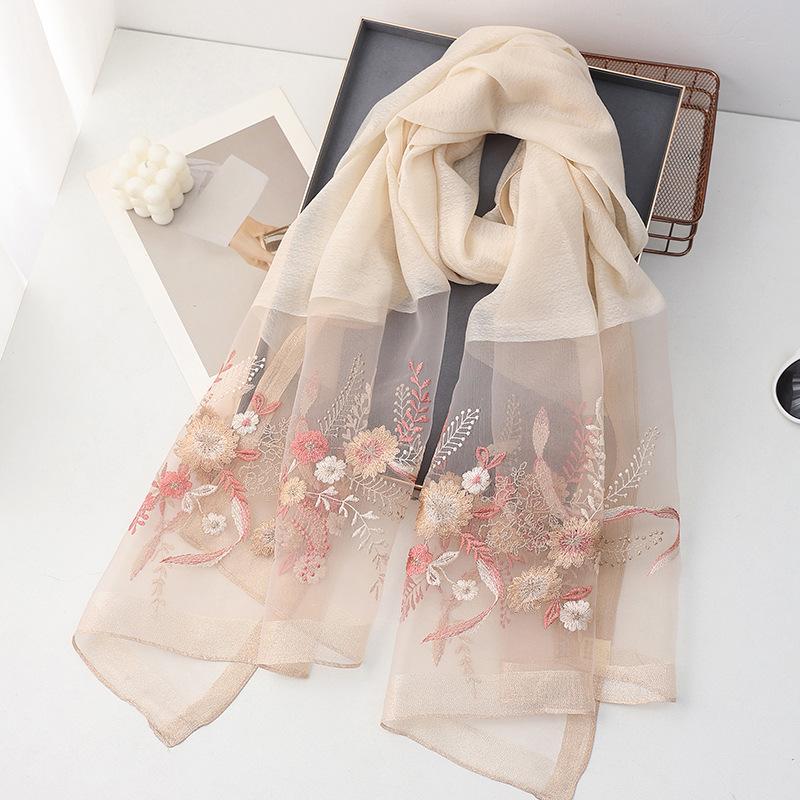 Seidenwollschal Damen Hijab Pashmina Schals Wickeltuch Luxuriöses Bandana Decke Blumenmuster Pashmina Stickerei Schals Foulard Modemarke