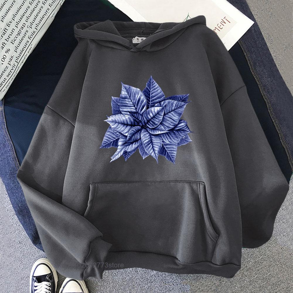Blue and White Christmas Hoodie Chinoiserie Leaf Print Sweatshirt Aesthetic Men Clothes Kpop Streetwear Women Clothing