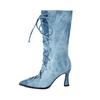 Fashion New Blue Denim Cross Strap Mid-calf Boots Autumn Winter Fashion Black 8cm High Heel Plush Warm Women's Long Boots Size 34-48