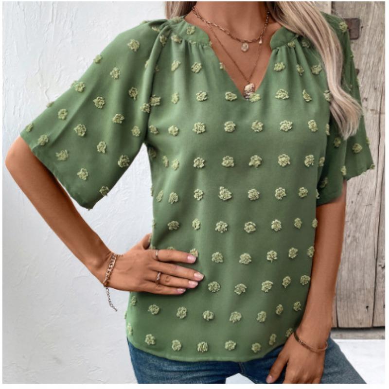 Women's Comfortable Loose Jacquard Blouses & Shirts V-neck Short Sleeved Top for Women