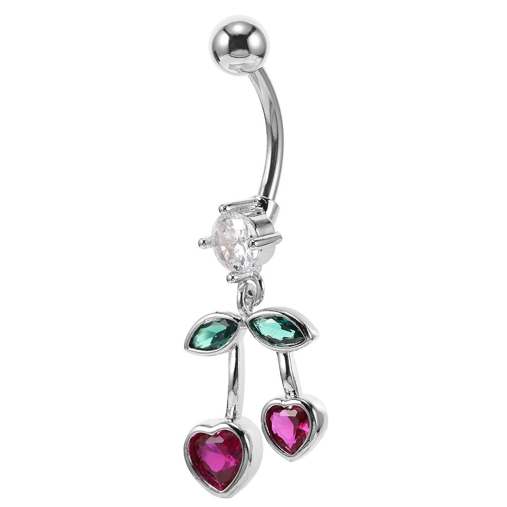 Stainless Steel Belly Button Ring Cherry Heart Design Stylish Belly Piercing Jewelry Cute Dangle Navel Jewelry