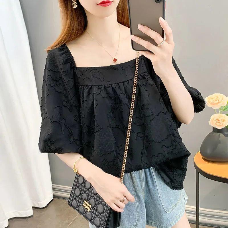 Camicia Estiva Trendy Taglie Forti Chiffon Top Manica Corta Manica a Bolla Larga Nasconde Pancia Fluido