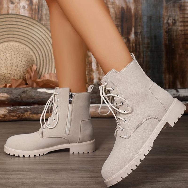 Fashion Retro Solid Zip Ankle Boots for Women Autumn Winter Square Heel Lace-Up Women\'s Boots Plus Size Round Toe Shoes of Woman