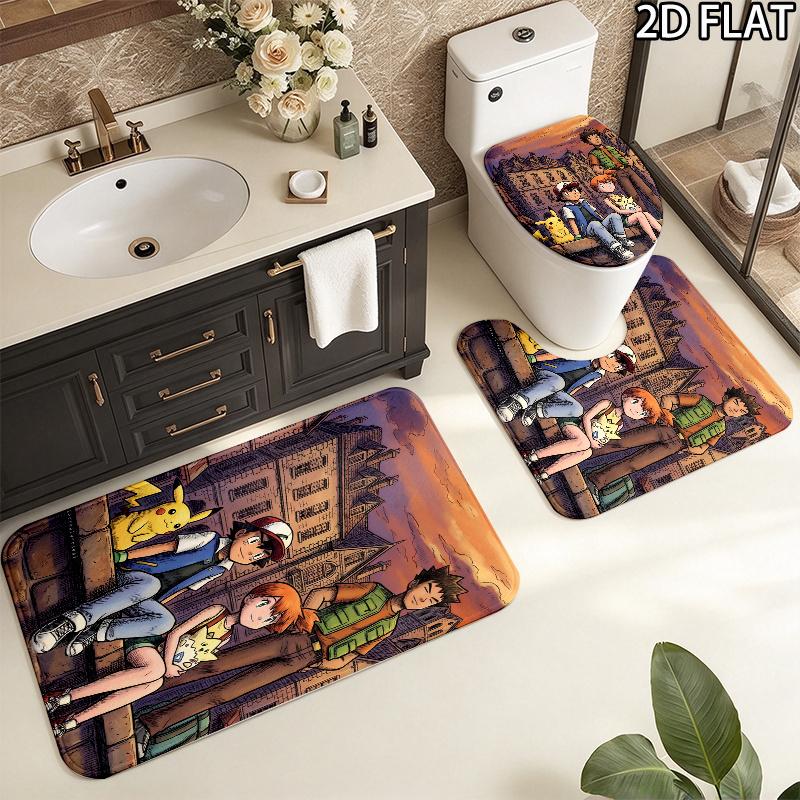 3pcs Ash Ketchum Pikachu Art Pattern Flannel Nonslip Absorbent Washable Decorative Bathroom Home Toilet Seat Cover Mat