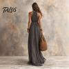 Lässiges Neckholder-Faltenkleid Damen Nacken Maxikleid, Tiefes V Ärmellos Schlankmachend Langer Rock Strandurlaub Sommerkleid, Sommer Fließend mit Taschen
