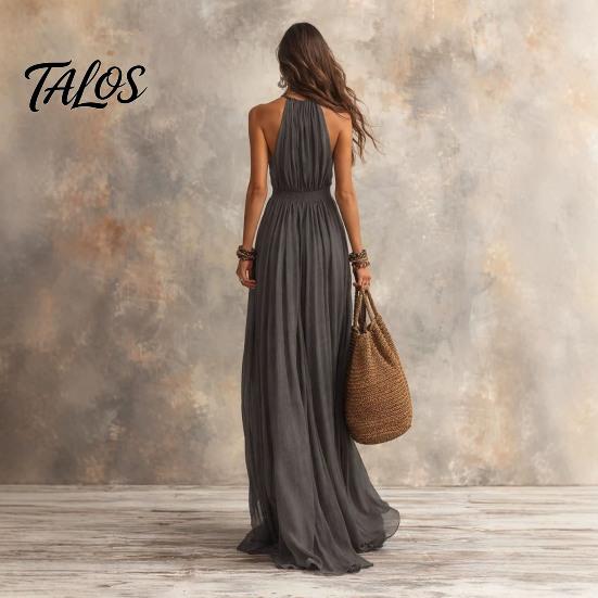 Lässiges Neckholder-Faltenkleid Damen Nacken Maxikleid, Tiefes V Ärmellos Schlankmachend Langer Rock Strandurlaub Sommerkleid, Sommer Fließend mit Taschen