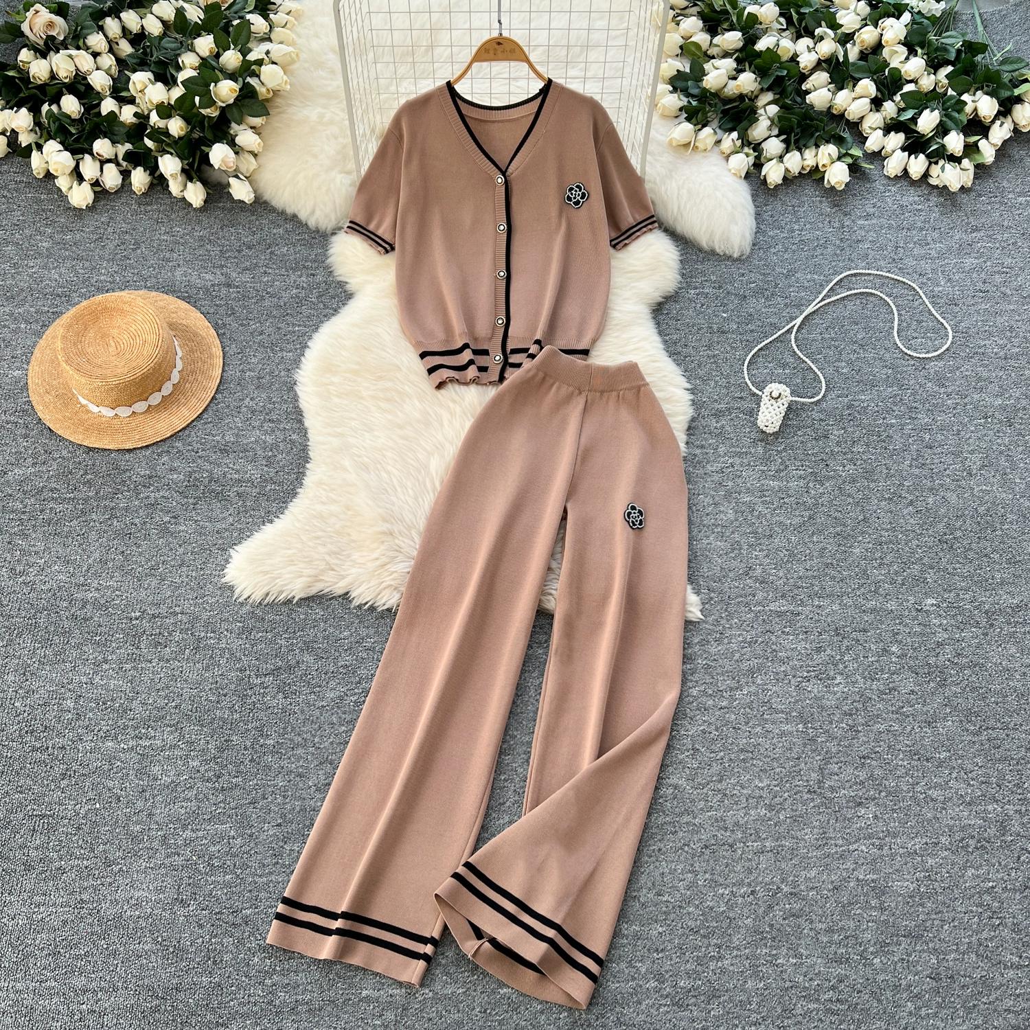 

Летний женский трикотажный свитер с бисером, спортивный костюм, однобортное пальто с V-образным вырезом, куртка и брюки длиной до щиколотки, комплект из двух предметов One Size хаки