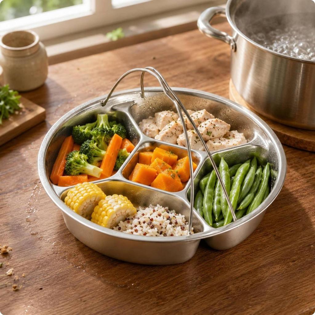 5Compartment Steaming Plate Smooth Shiny Finish Stainless Steel Flavor Separation