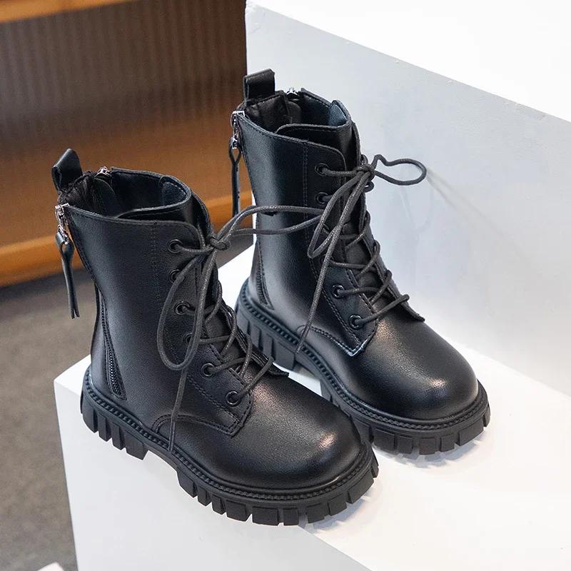 Girls Boots Black Warm Motorcycle Boots Autumn Winter Kids Ankle Boots Double Zipper Anti-skid Children Rubber Boots