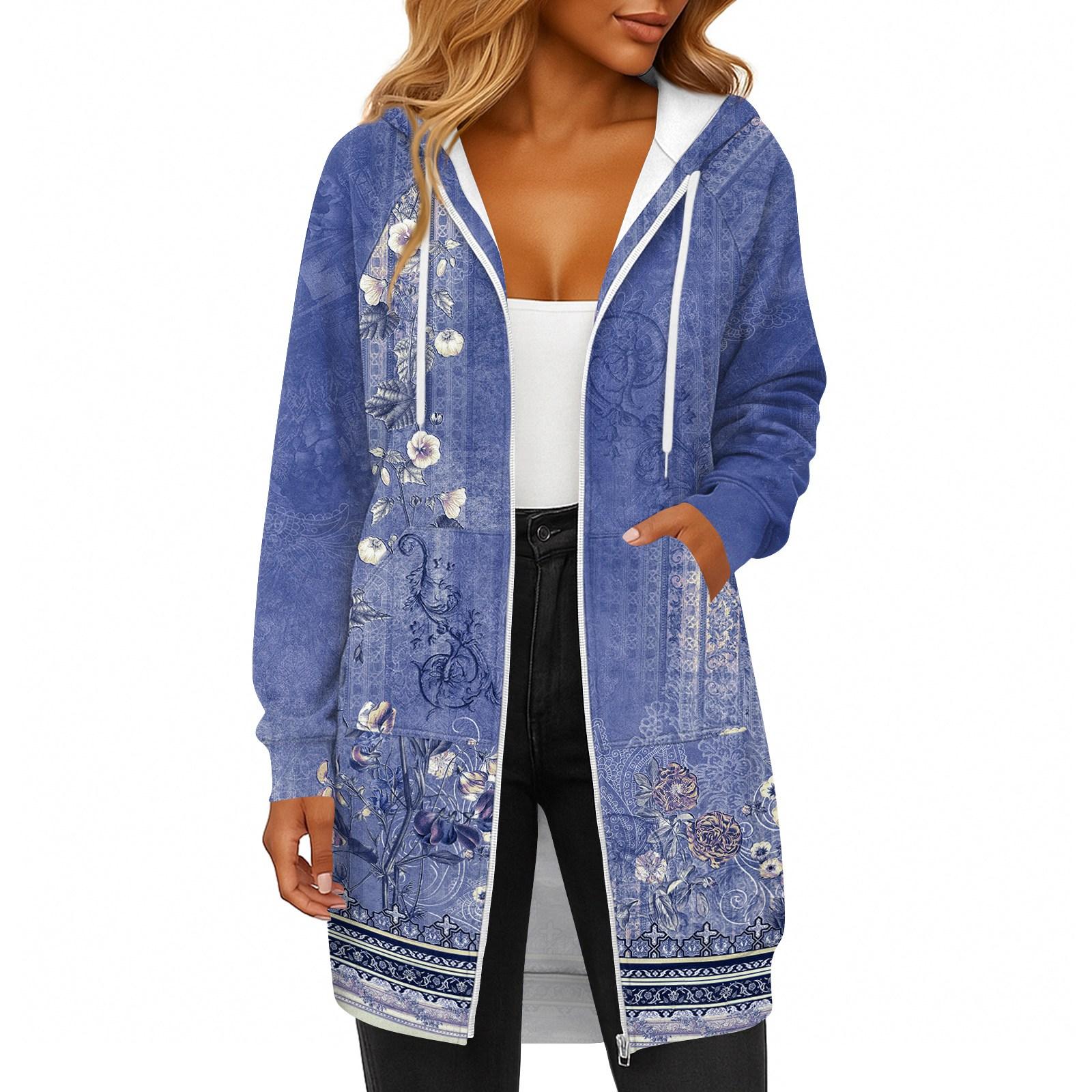 

Жіноча модна друкована толстовка з довгими рукавами, капюшоном на шнурку, кишенями на блискавці, довга, повсякденна XL