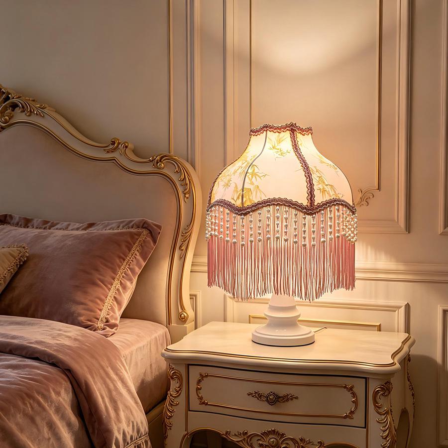 Elegant White and Pink Bamboo Pattern Lampshade with Pearl Tassel and Inlaid Edge - Versatile Style Fit