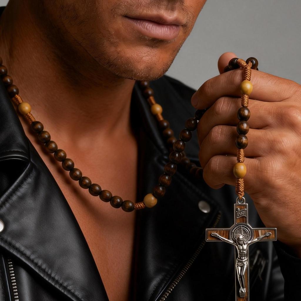 Vintage Klassischer Jesus Kreuz Anhänger Y-förmig Holz Gebetsperle Geflochtenes Seil Lange Halskette für Männer Trendiger Religiöser Schmuck Amulett