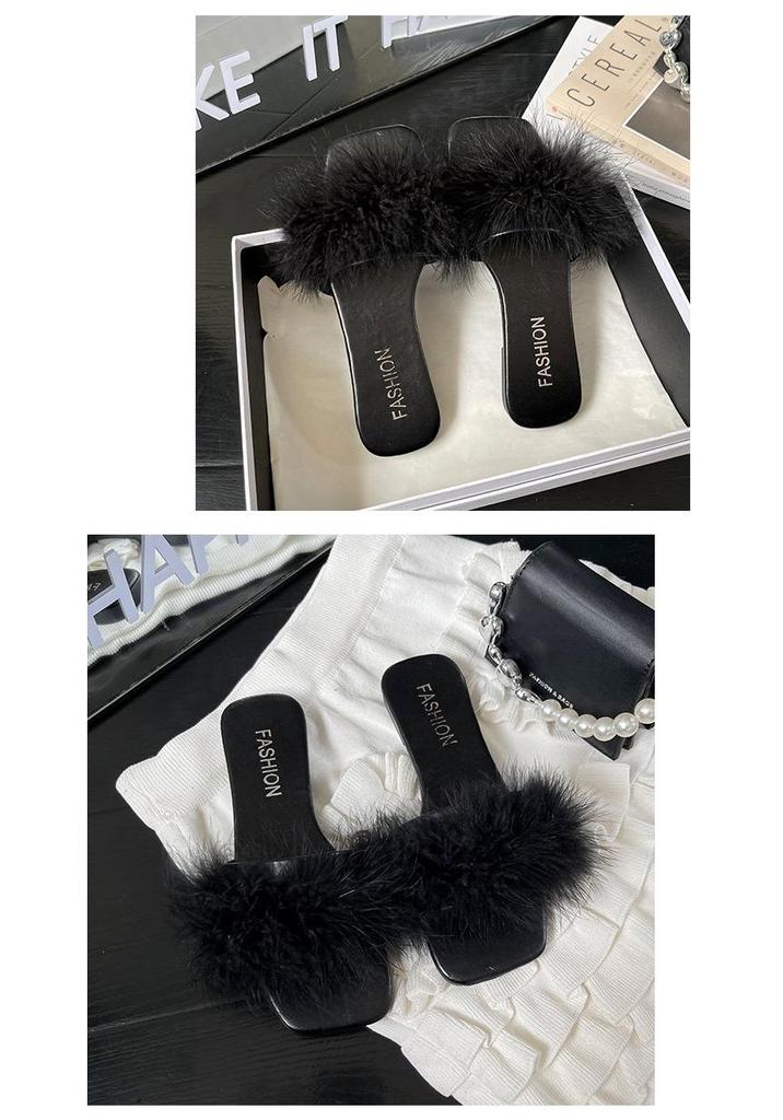 Women's 2026 Summer Fairy Style Furry Slippers - Girly Korean One-Strap Slides, Versatile with Skirts