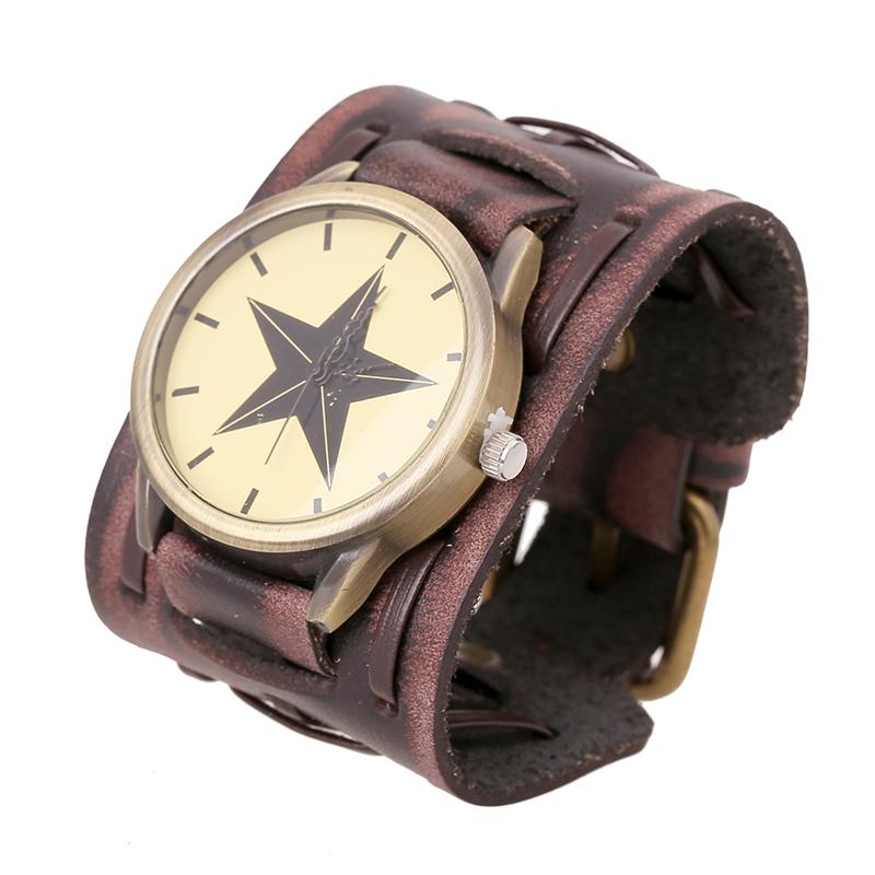 Relogio Retro Big Wide Genuine Leather Strap Watch Men Punk Quartz Cuff Watch Wristwatches Bracelet Unusual Wrist Watch