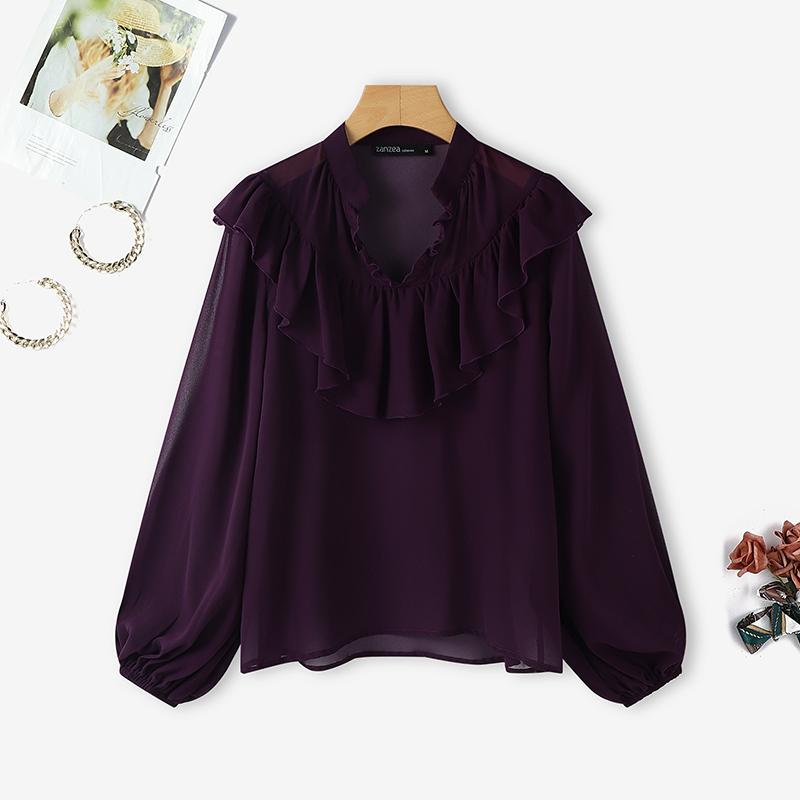 

ZANZEA Women Casual V-Neck Long Sleeve Loose See-Through Cover Up Blouse 5XL фіолетовий
