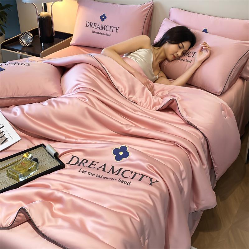 Class A Ice Silk Summer Quilt Set - Cooling, Water Washable, Embroidered, Air Conditioning Friendly, Thin Quilt for Naked Sleep