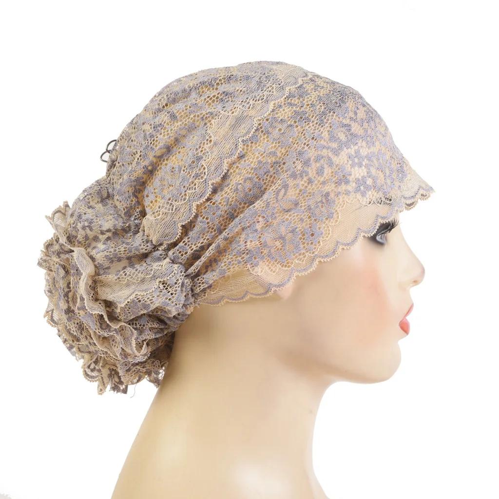 Lace Hijab Flower Headband Full Cover Bottom Hat Chemo Cap Muslim Fashion