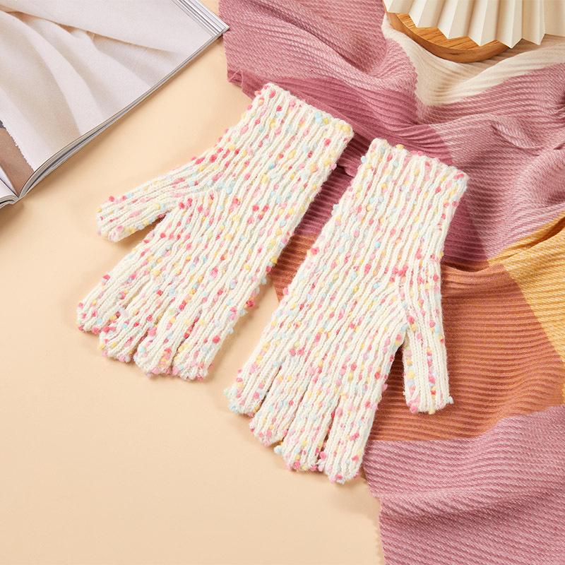 New Knitted Gloves for Women with Velvet Candy Color Warm and Cold-proof Fashion Finger Revealing Korean Gloves