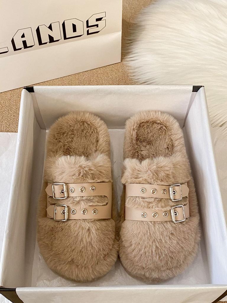 Baotou Thick-soled Fluffy Slippers Women's 2025 Autumn and Winter New Fashion Outer Wear Belt Buckle Fleece Warm Cotton Slippers